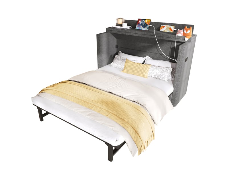  Lit escamotable 140 x 200 cm avec un tiroir, lit mobile avec compartiment de rangement, ports usb et type-c, lit plateforme convertible, sans matelas, lin, gris  - Conforama A