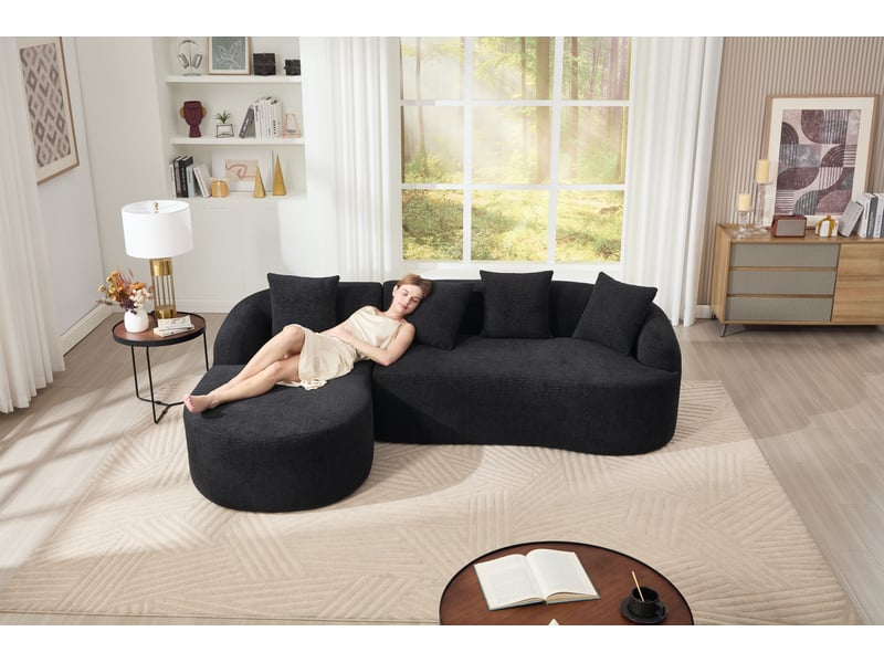  Canapé d'angle modulable avec méridienne gauche en l, chenille noire, sans montage, design courbé  - Conforama E