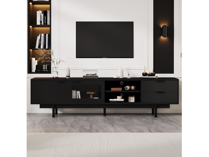  Meuble tv bas noir 200 x 40 x 50,5 cm, 2 portes, 2 tiroirs, pour tv 80 pouces  - Conforama E