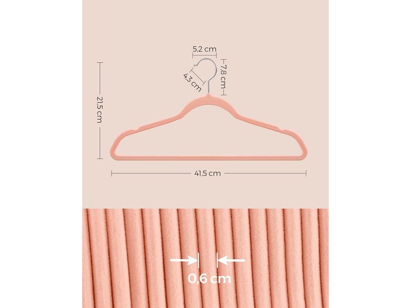  Lot de 20 cintres velours adulte, longueur 41,5 cm, fins, grande capacité de charge, avec crochets pivotants à 360°, pour manteaux, chemises, rose clair et argent crf026r20  - Conforama B