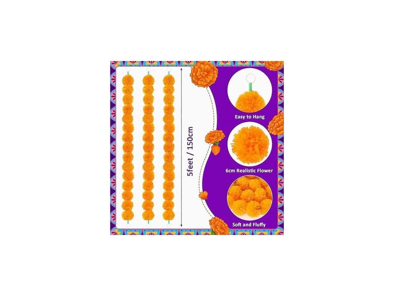  Guirlande de 5 œillets d'inde décoratifs, 1,5 m d'œillets d'inde artificiels, décorations de diwali pour la maison, fleurs orange.  - Conforama C