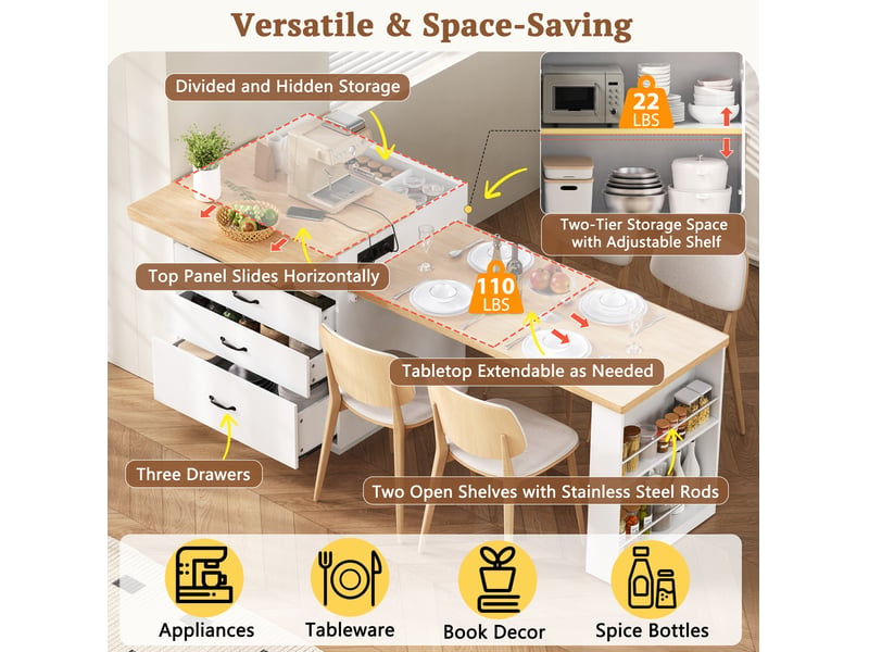 Îlot de cuisine extensible à roulettes, led, blanc et aspect bois - Conforama E