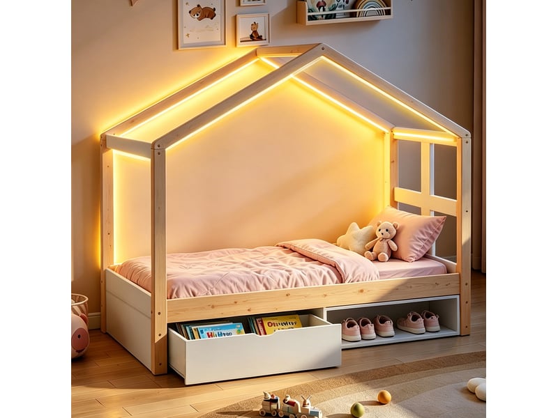  Modenvie lit cabane 90x190 cm - rangement intégré, éclairage led multicolore - pour chambre d'enfant - naturel  - Conforama D