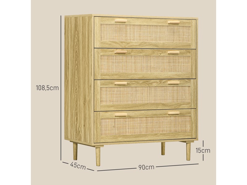  Commode 4 tiroirs meuble de rangement façade tissage en rotin bohème style dim. 90l x 45p x 108,5h cm aspect bois clair  - Conforama C