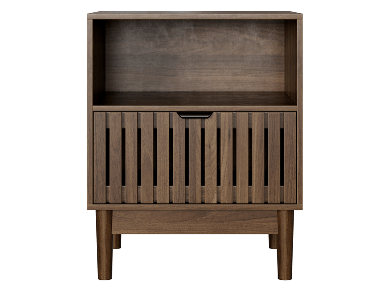  Table de chevet 45x39x56,5 cm, 1 tiroir, rangement ouvert, style moderne mi-siècle, mdf, noyer  - Conforama A