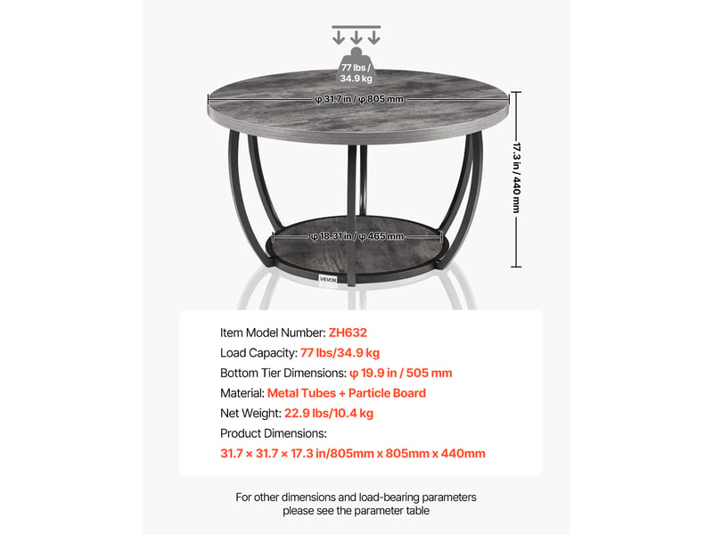  Vevor table basse ronde 2 niveaux, plateau 80,5 cm, rangement ouvert, structure métallique robuste, finition gris, style industriel moderne ZH632 - Conforama C