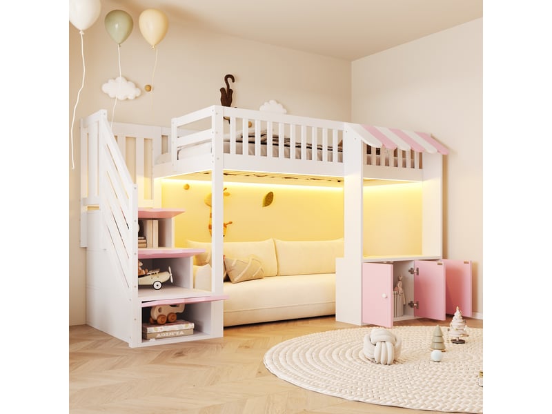  Lit mezzanine en bois 90x200 cm avec armoire de rangement, escalier de rangement, bandeau led multicolore, design auvent sommier à lattes rose  - Conforama E