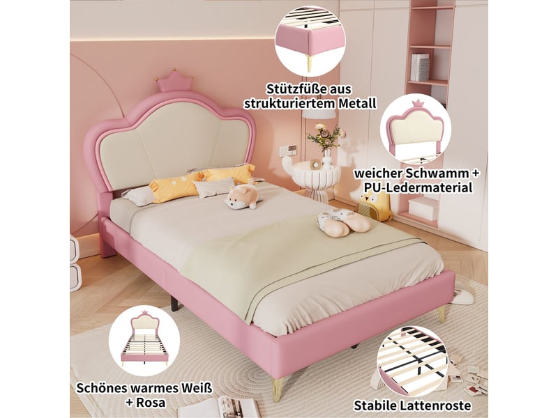  Lit rembourré enfant 90x200cm couronne princesse pu rose blanc bords doux - lit enfant - sommier à lattes inclus pieds métal  - Conforama E