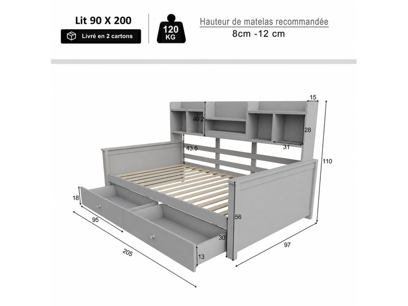 Lit banquette 90 × 200 cm 1 place avec 2 tiroirs de rangement et étagères latérales, sans matelas, gris - Conforama E