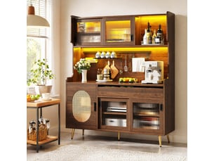 Buffet cuisine 145x39x171cm, led, meuble cuisine avec cinq portes, meuble salon, portes en verre cannelé, mdf, brun