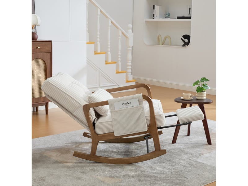  Fauteuil à bascule 70x80x92 cm, dossier réglable, beige, revêtement en velours côtelé, repose-pieds, fauteuil relaxation, poche latérale  - Conforama E