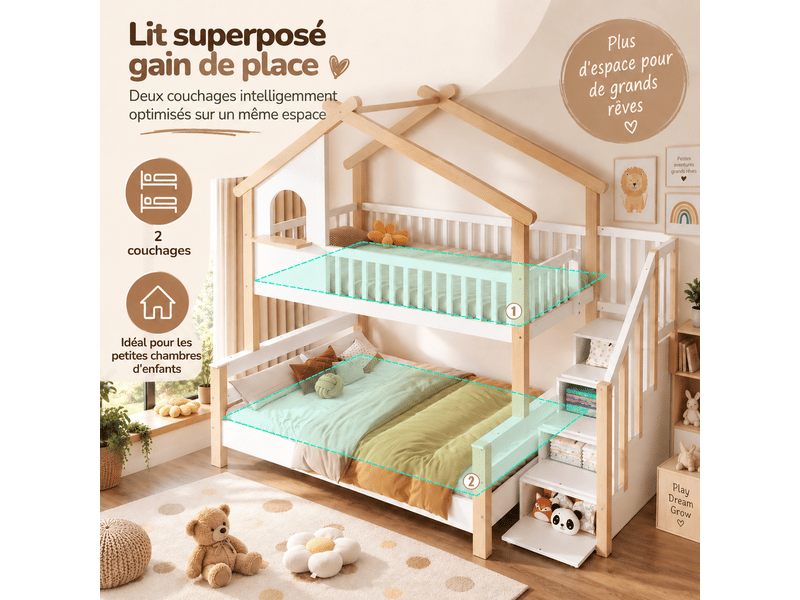  Lit superposé cabane 90x190120x190 cm avec escalier rangement Fay Lum - Conforama D