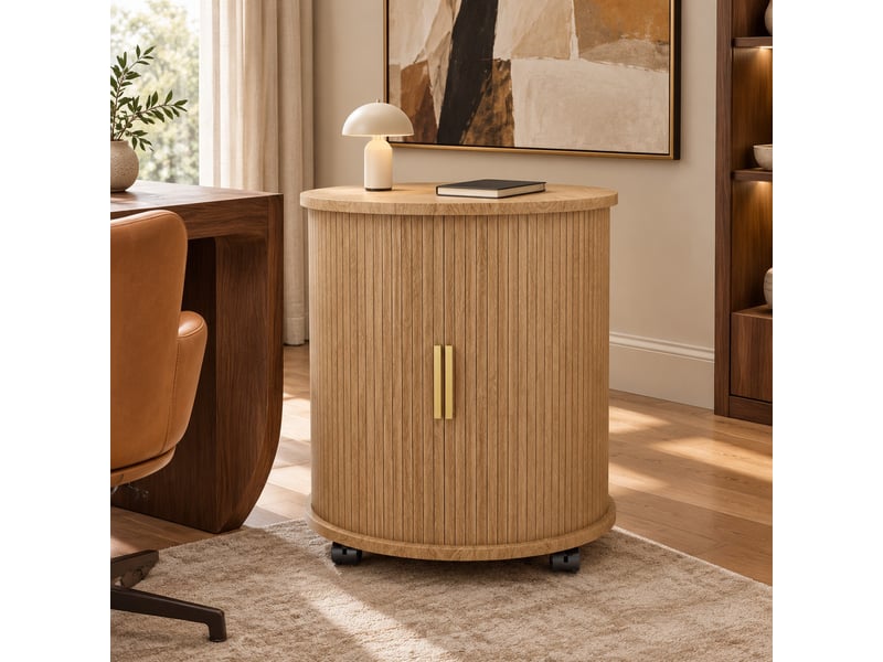  Table de chevet cylindrique aspect chêne avec prise, 2 ports usb et rangement, 60 x 60 x 60 cm  - Conforama C