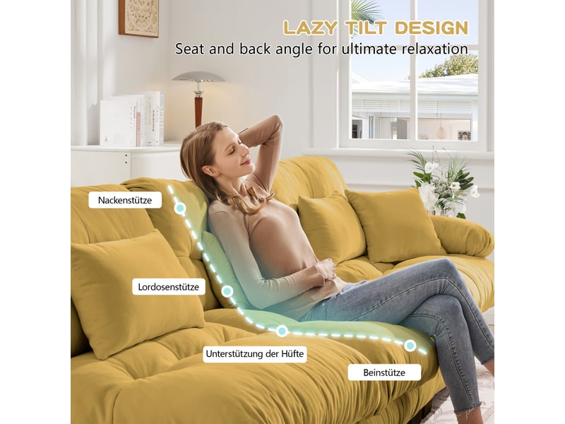 Canapé d'angle cloud en chenille beige clair, sofa salon avec 2 coussins lombaires, 2 coussins déco, 2 ottomans, larges accoudoirs - Conforama D