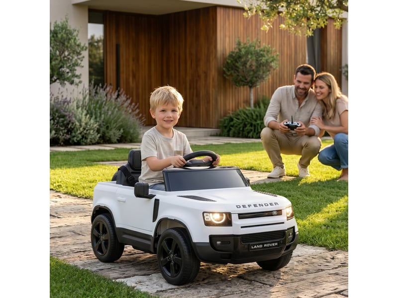 Voiture électrique suv pour enfants land rover defender 12v, télécommande, suspension, démarrage progressif, vitesse 2,7-4,5 kmh, blanche - Conforama C