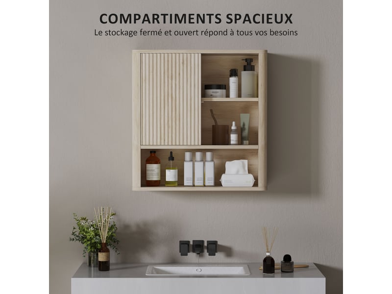  Armoire murale salle de bain avec étagères réglables, bois naturel, porte coulissante et étagères ouvertes  - Conforama D