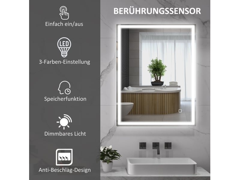 Miroir de salle de bain led 90x70 cm – argenté – antibuée tactile, 3 couleurs, mémoire, luminosité réglable et ip44 - Conforama E