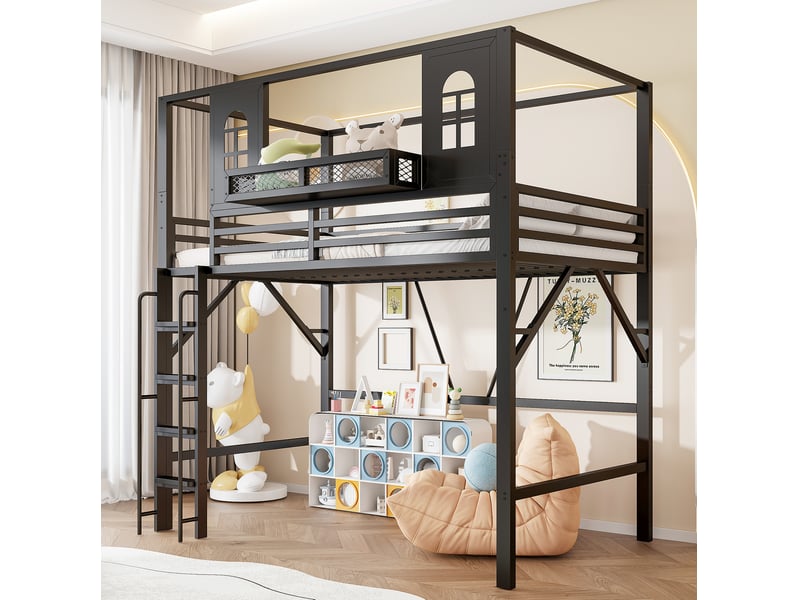  Lit mezzanine enfant 90x200 cm en métal noir avec toit, fenêtres, étagère et échelle sécurisée, sans matelas  - Conforama B