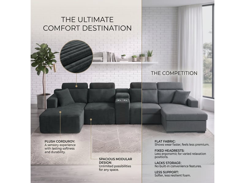 Canapé d'angle modulable 6 places en velours côtelé gris, 373,38 x 149,86 x 81,28 cm, forme en u, porte-gobelets, poches latérales, sans armature CARDUME ESTIVAL - Conforama E