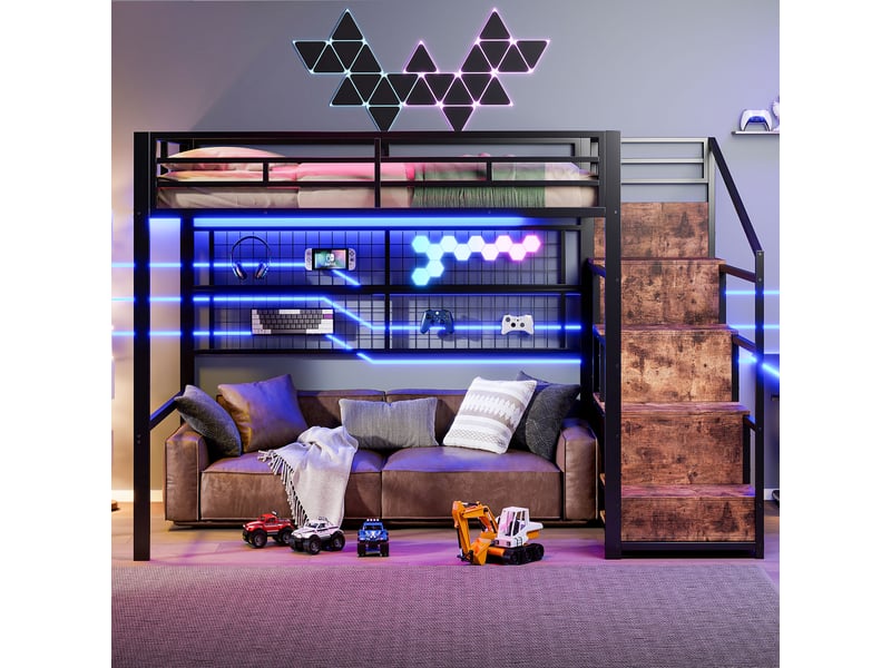  Lit mezzanine enfant 140x200 cm, led, rangement, grille suspendue, sommier, métal noir, sans matelas  - Conforama B