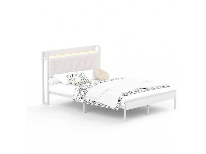  Lit double 140x190 cm avec led, 2 prises et 2 ports usb, tête capitonnée, blanc  - Conforama A
