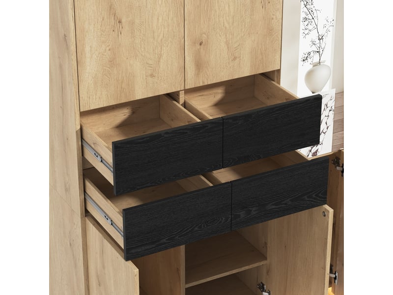  Armoire-penderie avec miroir et éclairage led, 110 x 47 x 200 cm, 2 penderies, 4 tiroirs, 9 compartiments de rangement, chêne  - Conforama E