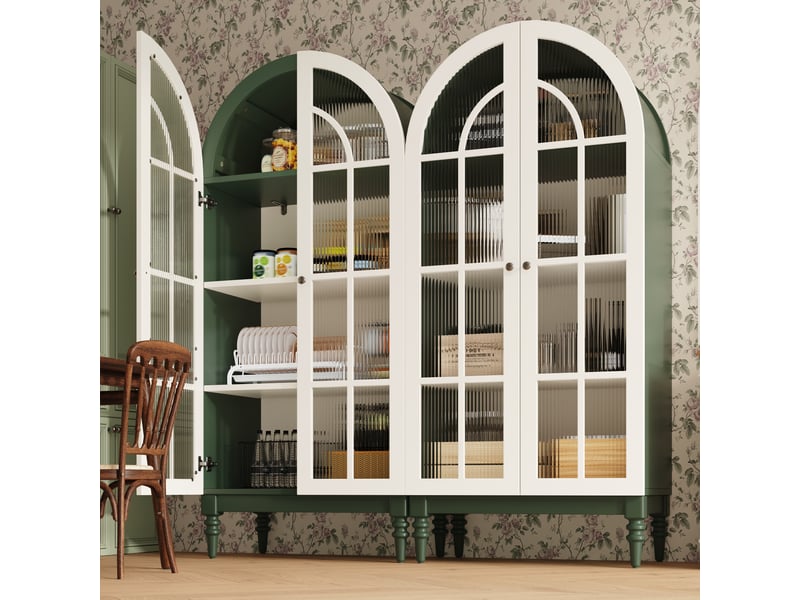  2pcs vitrine haute arche-armoire vitrine verre cannelé campagne-3 niveaux portes doubles esprit montmartre-76x38,5x165-vert foncé  - Conforama A