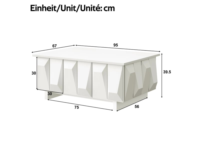  Table basse blanche en panneau de particules avec 3 portes 3d, rangement fermé et style moderne pour le salon  - Conforama C