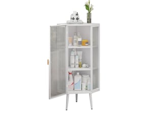 Armoire d'angle 3 niveaux en métal blanc et verre trempé, 56 x 40 x 110 cm, rangement élégant au quotidien