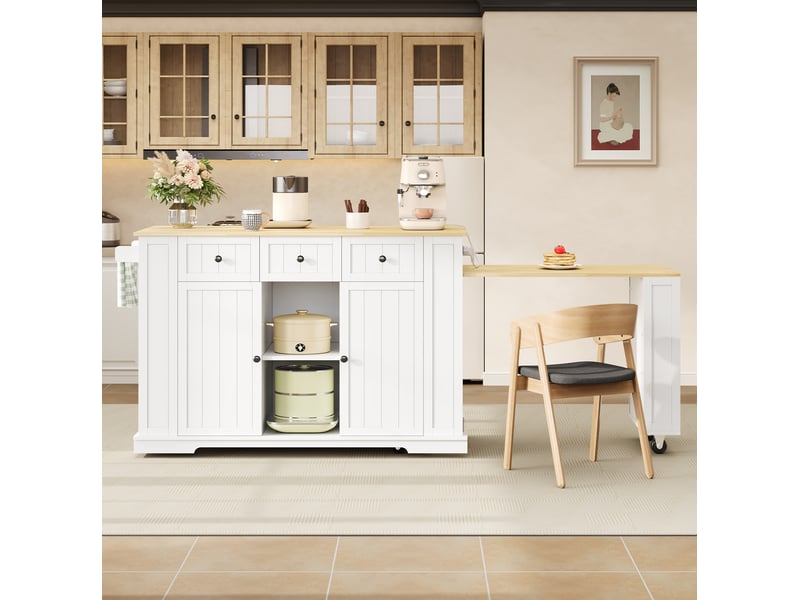  Îlot de cuisine mobile avec table extensible 138-213 x 55 x 93 cm, blanc et bois  - Conforama B