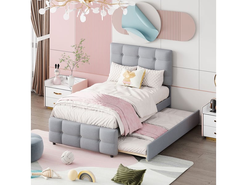  Lit gigogne 90x200 cm en lin gris doux respirant et capitonné - lit double - tête de lit réglable, lit enfant et invité, gain place  - Conforama B
