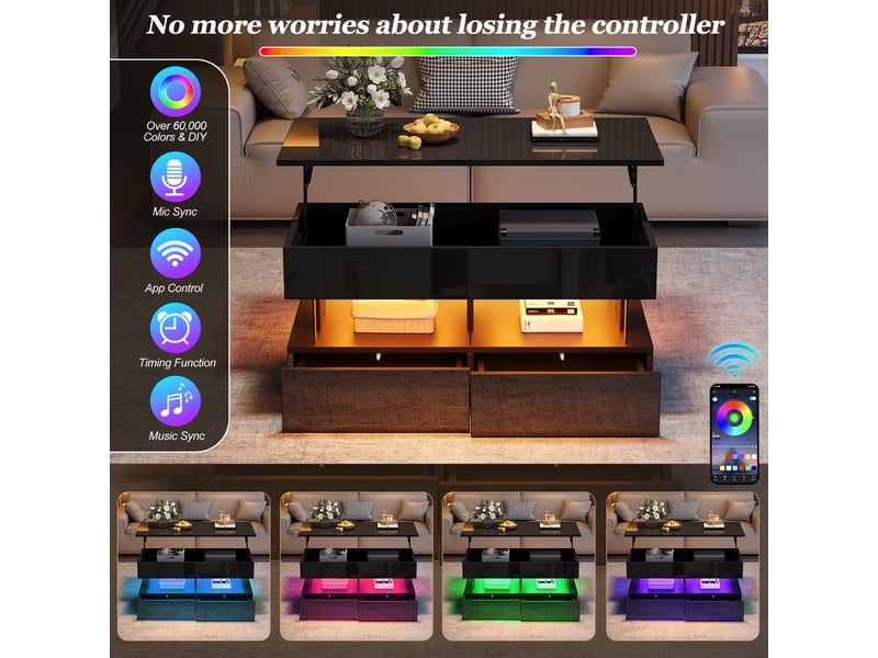  Table basse relevable avec rangement caché et 2 tiroirs, 100x50 cm, mdf noir brillant et led  - Conforama R