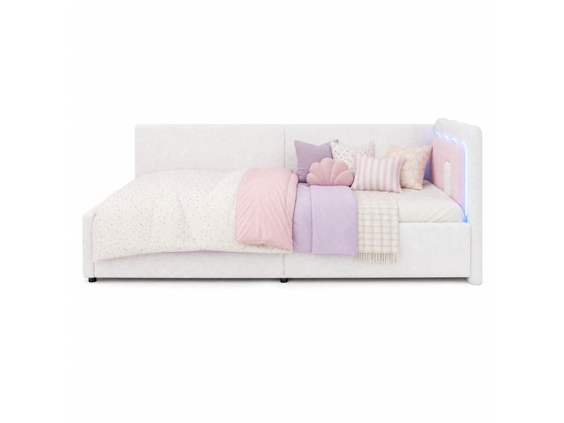  Méridienne lit de jour 90 x 200 cm avec éclairage à couleurs réglables et commande par application en velours blanc  - Conforama A