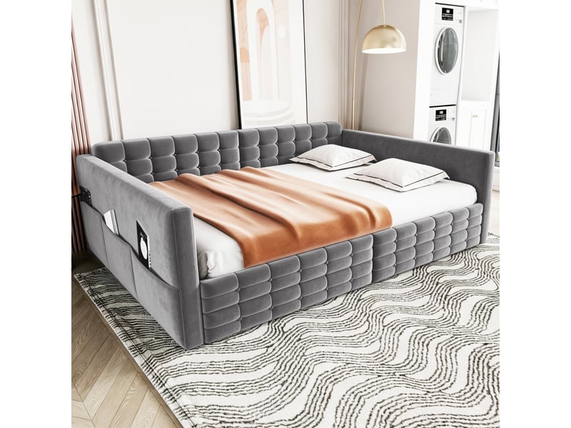  Canapé-lit 140x190 cm, lit d'appoint, couchage d'appoint, 2 tiroirs, velours gris  - Conforama C