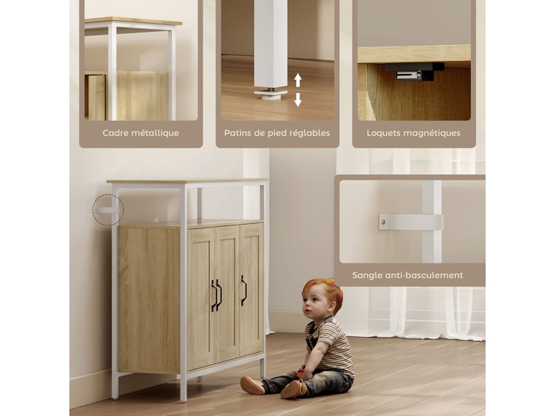  Buffet, meuble de rangement avec 3 portes, compartiment ouvert et 4 étagères réglables, 100 x 35 x 88 cm, bois naturel  - Conforama R