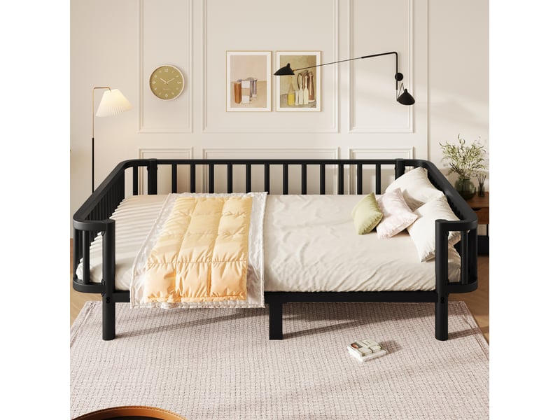  Lit double 140 × 200 cm à sommier acier renforcé, convertible en canapé pour chambre, salon, studio ou bureau, noir  - Conforama D