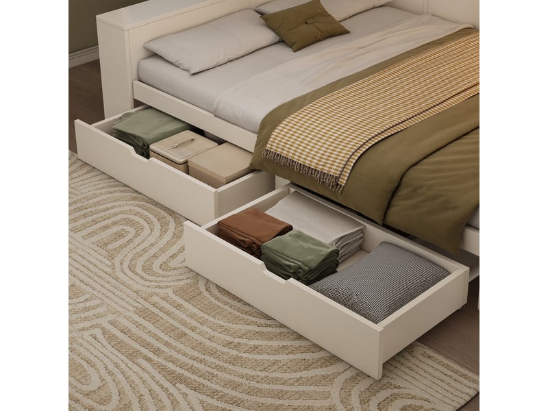  Lit double avec rangement - 140x200 cm - blanc - tiroirs avec roulettes - ports usbusb-c - espace de rangement 35 cm  - Conforama W