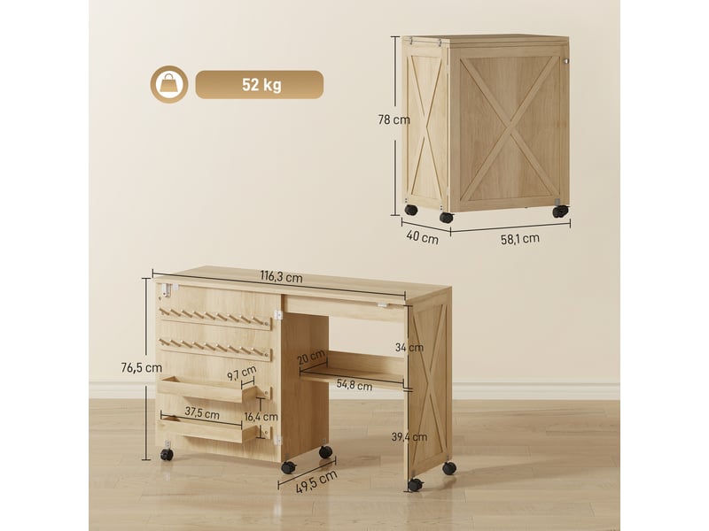  Table de couture pliable mobile 2 bacs 18 porte-bobines étagère naturel  - Conforama C