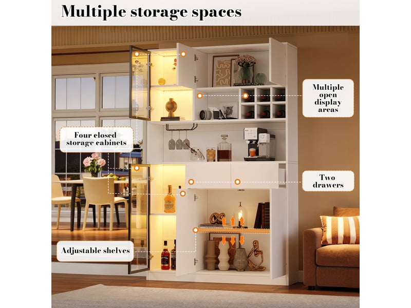 Vitrine 120x33x200 cm avec led, 6 portes dont 2 vitrées, 2 tiroirs, niches ouvertes, étagères réglables, meuble blanc pour salon et salle à manger - Conforama E