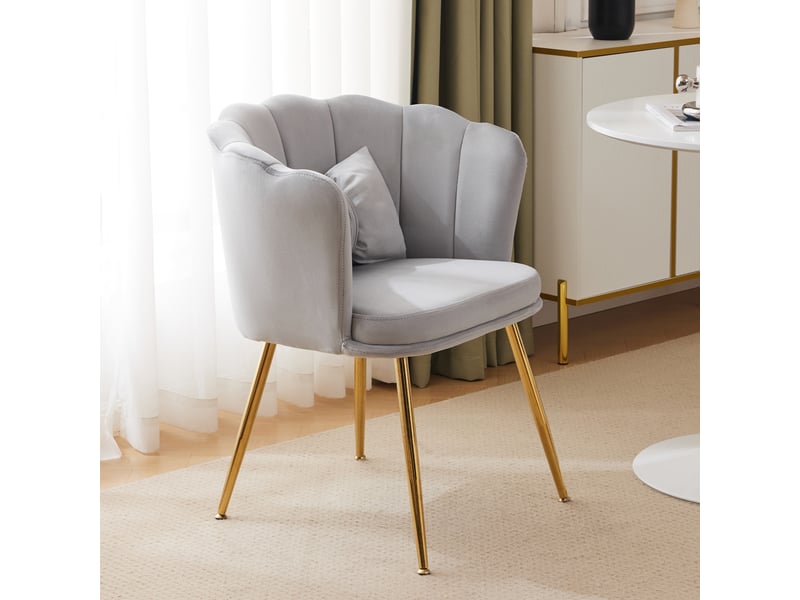  Fauteuil en velours avec dossier en pétale, coussin papillon et pieds métalliques dorés, gris  - Conforama D