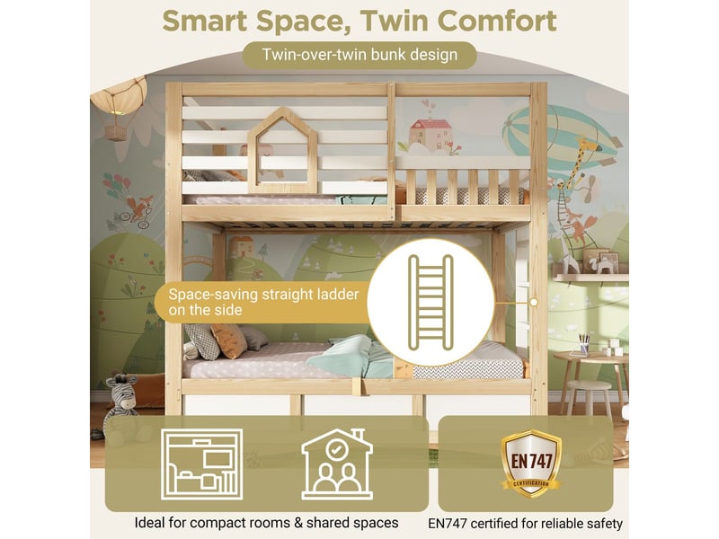  Lit superposé 90 x 200 cm 2 couchages style cabane blanc et bois naturel fenêtre décorative garde-corps de sécurité échelle droite rangement hydraulique  - Conforama D