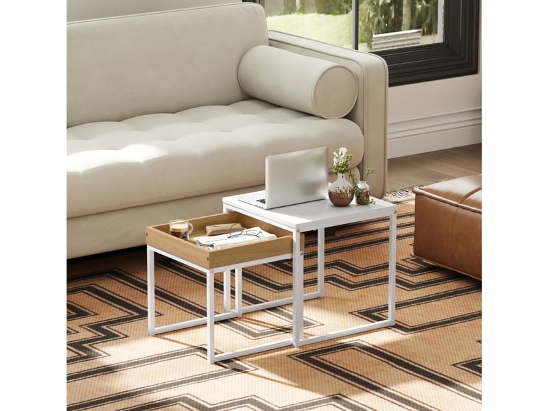  Tables basses gigognes avec plateau amovible et surface plane en mdf et acier blanc et bois clair moderne  - Conforama B