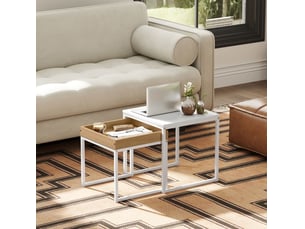 Tables basses gigognes avec plateau amovible et surface plane en mdf et acier blanc et bois clair moderne
