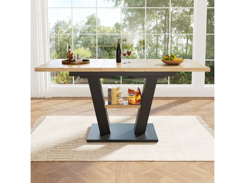  Table à manger rectangulaire extensible 118-157 x 70 cm, plateau mdf effet bois naturel, piètement croisé noir, rails métalliques, 6 à 8 places  - Conforama C