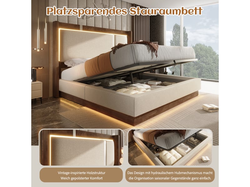 Lit coffre 90x200 cm, lit enfant, sommier à lattes, rangement hydraulique, led, lin beige, noyer - Conforama R