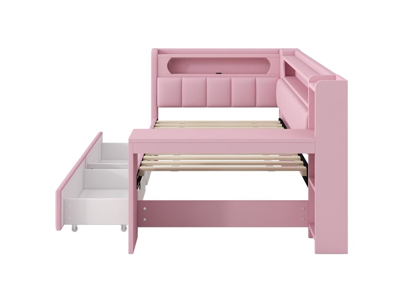Lit plateforme 90x200 cm avec bureau, 2 tiroirs, led 7 couleurs, ports usb, tissu lin rose, sans matelas - Conforama D
