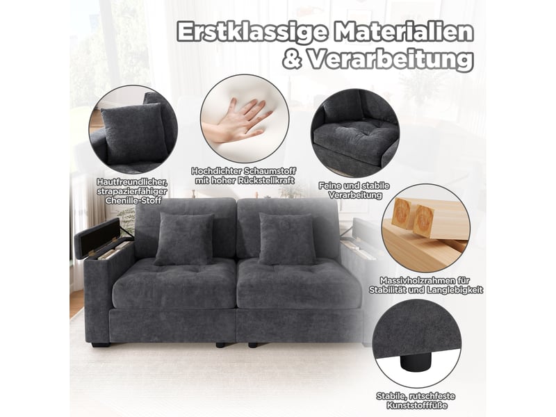 Canapé 180 cm moderne, canapé 2 places gris foncé avec rangement accoudoir et poches, tissu chenille doux, 2 coussins inclus. - Conforama W