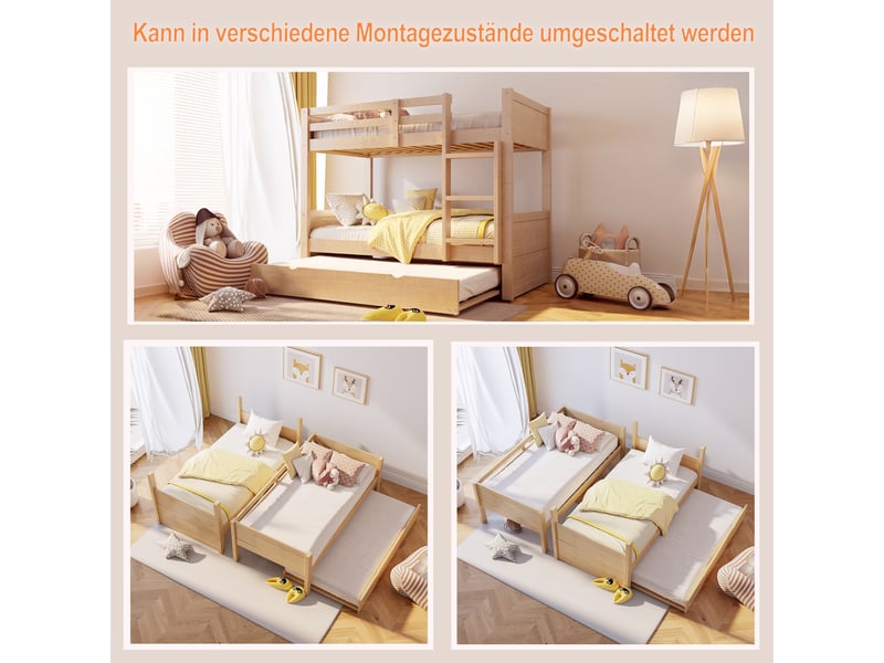 Lit superposé 3 places 90×200 cm et 90×190 cm avec lit gigogne, barrière et échelle - okmyhome- bois, sans matelas - Conforama E