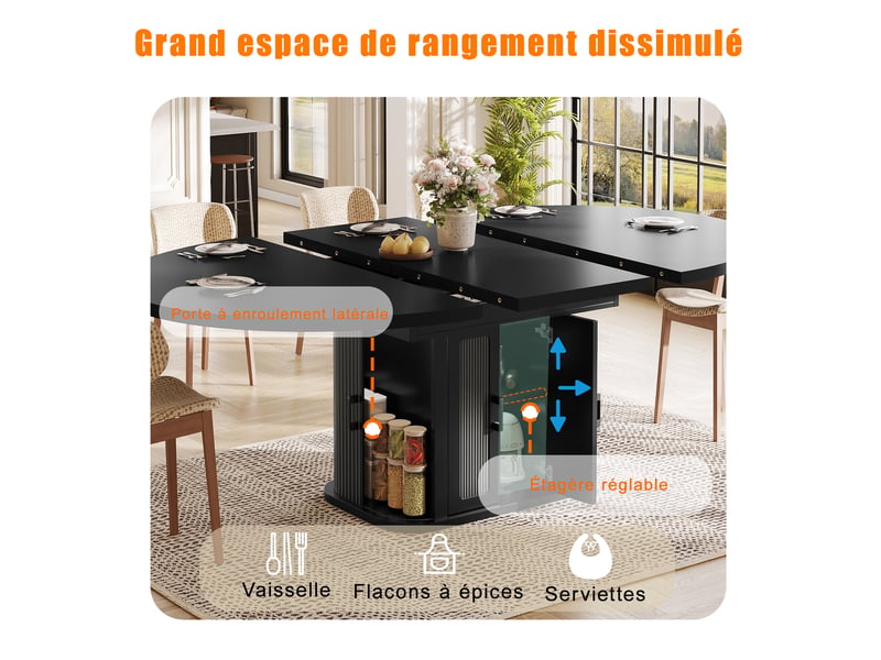  Table à manger extensible 118-158x118x76cm pour 2 à 6 personnes, rangements cachés avec séparateurs réglables et portes à rideau latérales, noir evarich - Conforama D