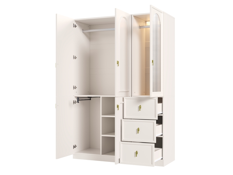  Armoire 135x48x200 cm avec led, 3 tiroirs et 5 portes, 3 espaces penderie, blanche  - Conforama A